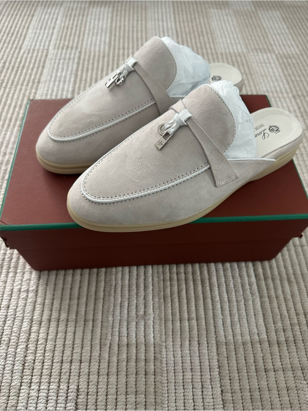 Loro Piana Beige Suede Slip-On Mule with Silver Hardware Size 39